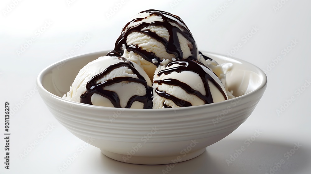 A striking image of a bowl of vanilla ice cream with chocolate syrup, set against a white background.