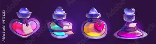 Magic potion bottles set isolated on background. Vector cartoon illustration of glass vials with pink, green, yellow, purple liquid substance, love spell liquid, antidote for poison, witchcraft props