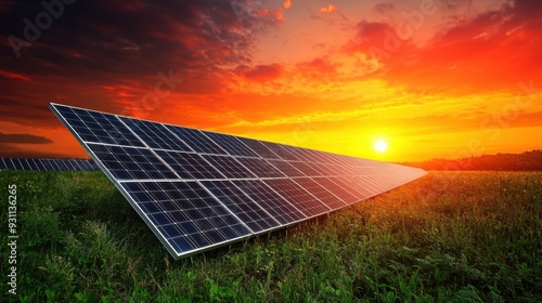 Solar panels in field during vibrant sunset, representing renewable energy and sustainability.