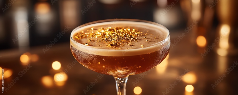 A closeup of a signature cocktail made with boutique spirits, garnished with gold flakes, sophisticated bar setting, exclusive mixology, luxury and creativity A closeup of a signature cocktail made with boutique spirits, garnished with gold flakes, sophisticated bar setting, exclusive mixology, luxury and creativity