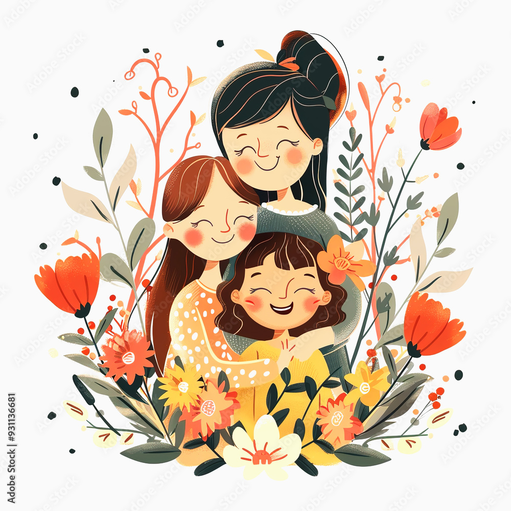 Three Generations of Women Embracing in a Floral Setting Three Generations of Women Embracing in a Floral Setting