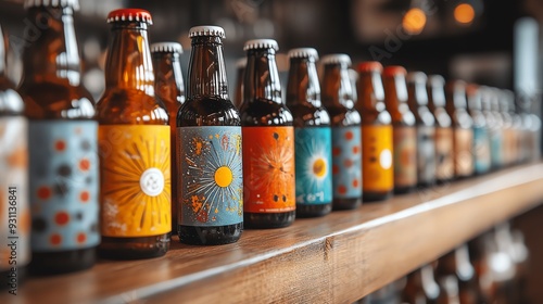 A row of unique craft beer bottles with artistic labels, displayed on a wooden shelf, artisan beer, creative and original