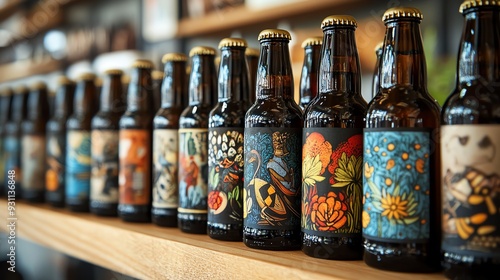 A row of unique craft beer bottles with artistic labels, displayed on a wooden shelf, artisan beer, creative and original