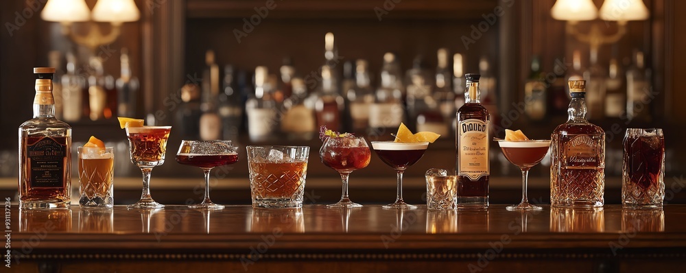 Assortment of classic cocktails on a polished wooden bar, dimly lit with bottles of premium spirits, cocktail selection, rich and warm ambiance Assortment of classic cocktails on a polished wooden bar, dimly lit with bottles of premium spirits, cocktail selection, rich and warm ambiance