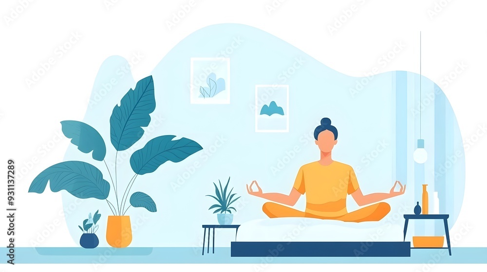 Woman Meditating in Modern Home Interior with Plants