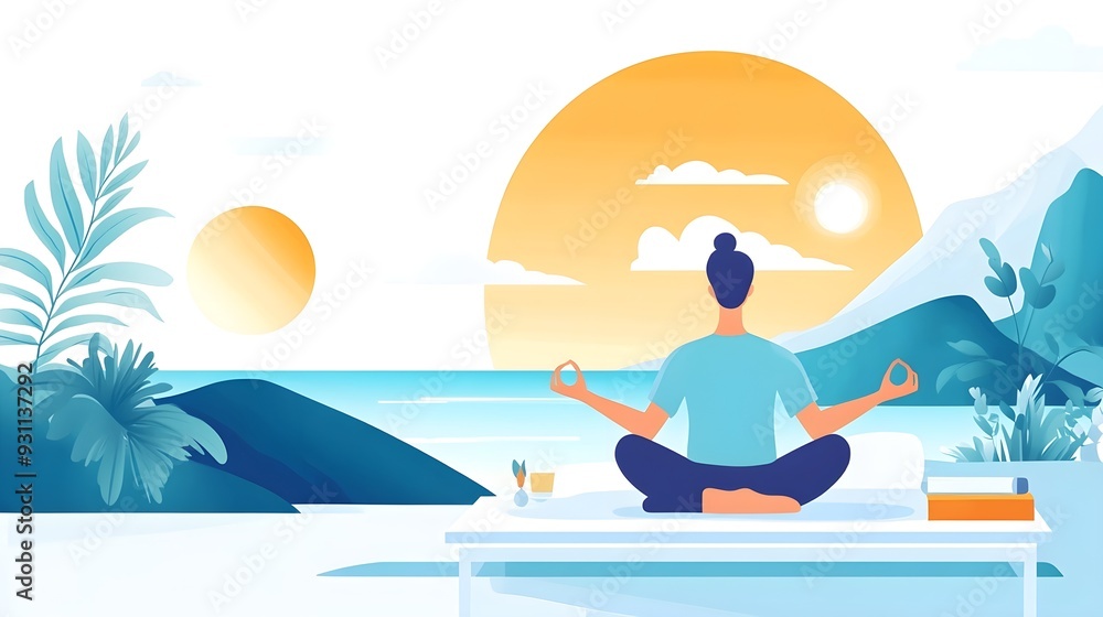 Woman meditating by ocean at sunset, peaceful scene Woman meditating by ocean at sunset, peaceful scene