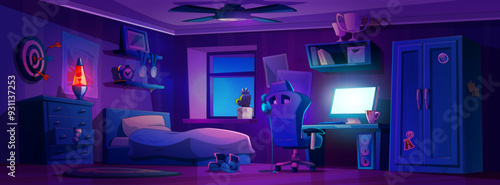 Teen boy bedroom interior at night. Vector cartoon illustration dark room with window and ceiling fan, computer on desk, armchair, wardrobe and drawer, books and trophies on shelf, poster on wall