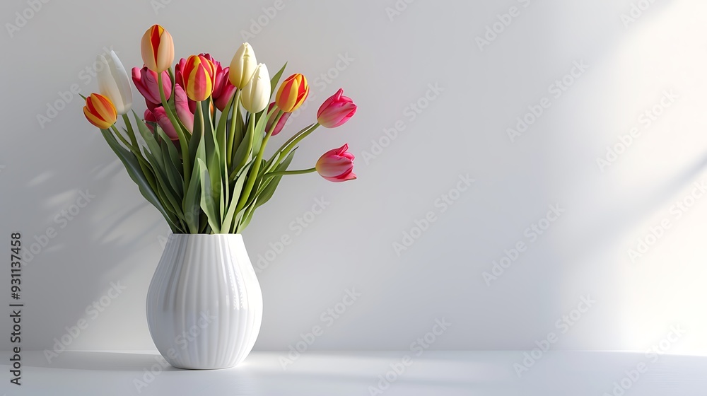A vibrant bouquet of tulips in a tall ceramic vase set against a clean white background. A vibrant bouquet of tulips in a tall ceramic vase set against a clean white background.