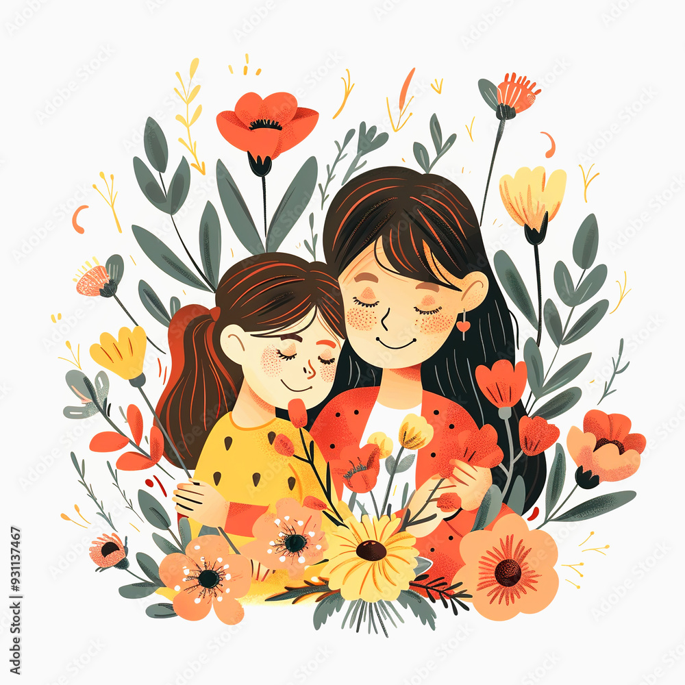 Mother and Daughter Embraced in a Floral Frame Mother and Daughter Embraced in a Floral Frame