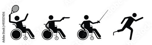 paralympic games icons. indoor sport and games for handicapped people with disabilities. transparent png and vector illustration.