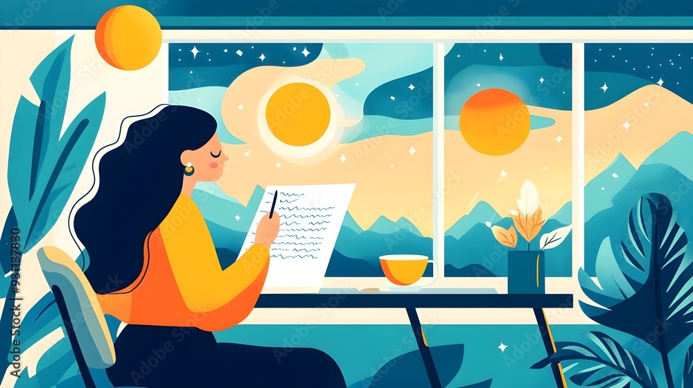 Woman Writing by Window with Colorful Mountain View Woman Writing by Window with Colorful Mountain View