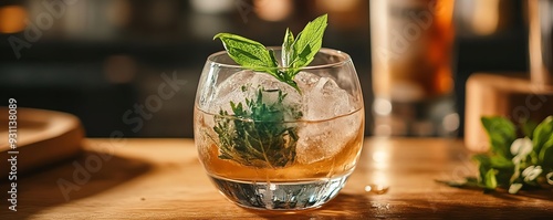 Cocktail with a spherical ice cube encasing fresh herbs, minimalist bar setting, artisanal mixology, refined and elegant photo