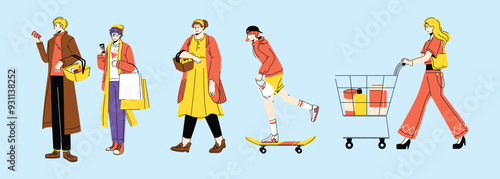Fashionable Youth Activities Shopping Walking Riding Bikes and Scooters Urban Life Colorful Illustration Set