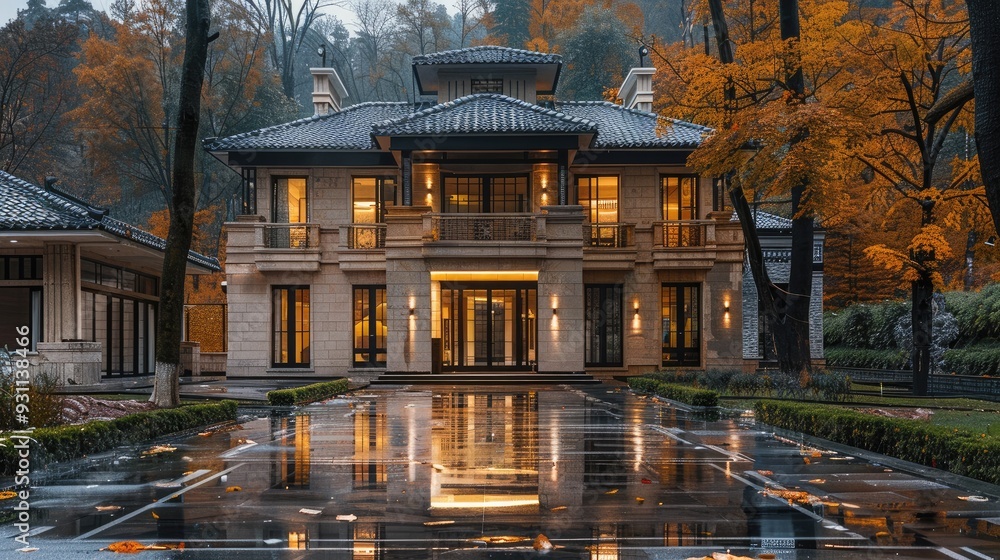 Fototapeta premium Autumn courtyard, country-style villa. stone structure house, beige wall, a light inside. background woods, the wet ground in front of the house is paved with large tiles, smooth black floor tiles.