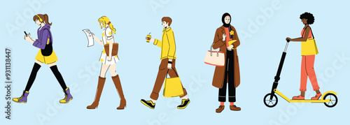 Fashionable Youth Activities Shopping Walking Riding Bikes and Scooters Urban Life Colorful Illustration Set