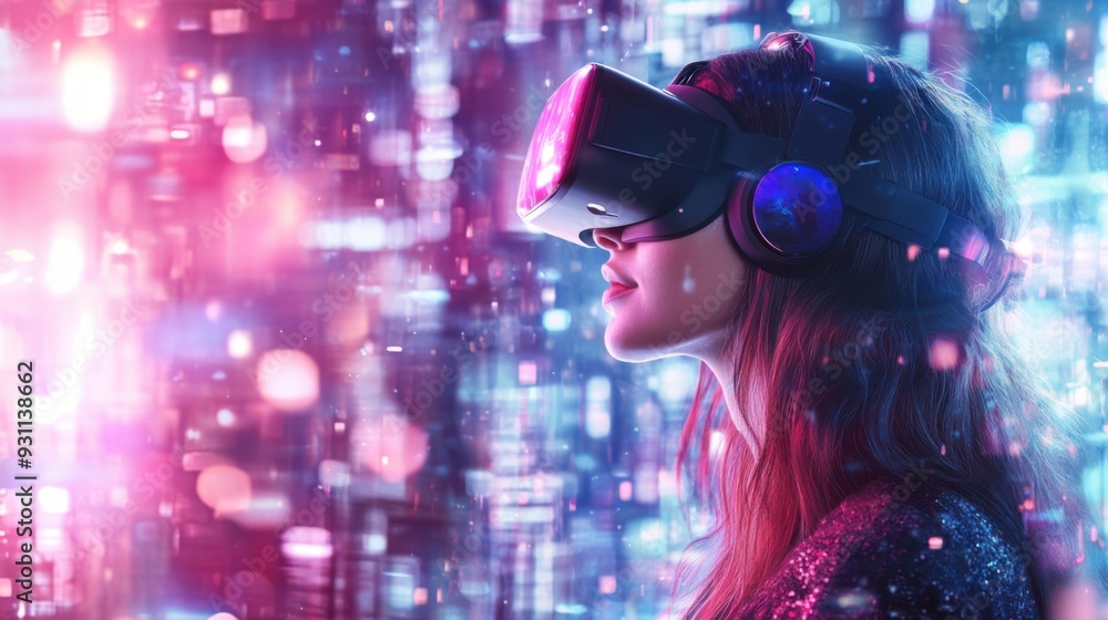 custom made wallpaper toronto digitalWoman exploring virtual reality in a glowing neon futuristic cityscape.