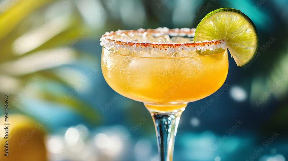 Frosty margarita with a salted rim and lime wedge, tropical setting, vibrant colors, alcoholic drink, summer vacation vibes Frosty margarita with a salted rim and lime wedge, tropical setting, vibrant colors, alcoholic drink, summer vacation vibes