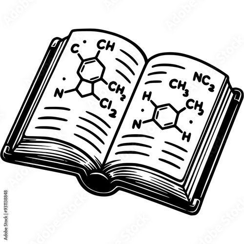 Open chemistry textbook with written chemical formulas in monochrome. Simple minimalistic vector in black ink drawing on transparent background