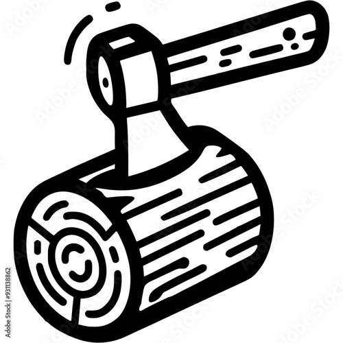 Ax stuck in log doodle icon. Cutting and preparing firewood for the winter. Simple minimalistic vector symbol in black on transparent background