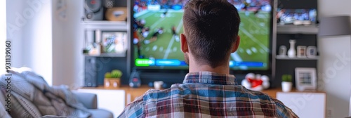 man watching split screen multiview sports on living room flat screen TV,  photo