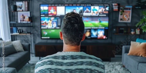 man watching split screen multiview sports on living room flat screen TV,  photo