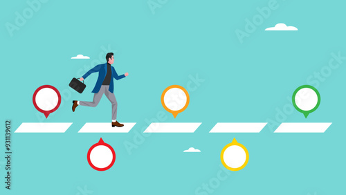 work progress milestone or step to success, career path with Timeline project planning, plan or strategy flowchart diagram, businessman running on career path with target milestone
