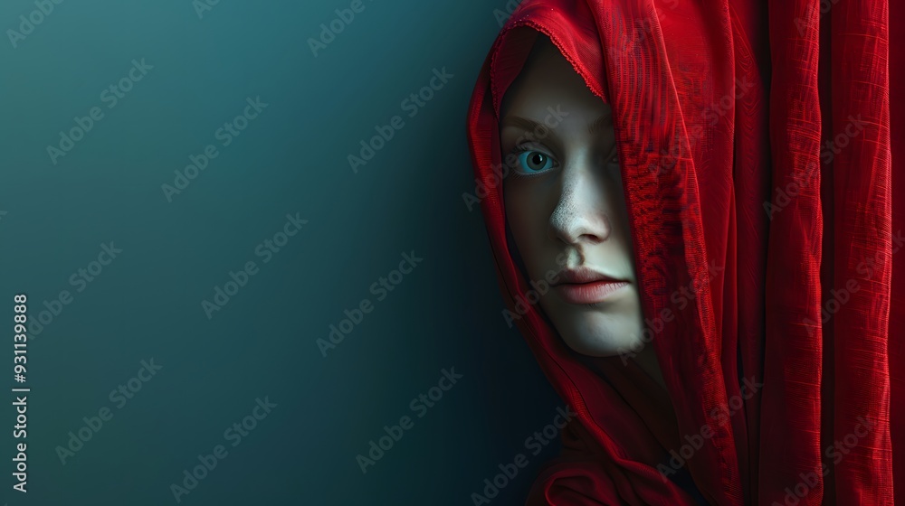 Naklejka premium woman hiding in curtains and revealing part of her face on blue background with copy space
