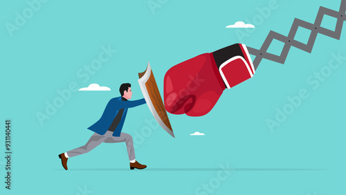 Business threat or problem, challenge or survive to win, survive and struggle to face business competition, defensive businessman using shield to face boxing glove with spring