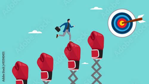 success step to achieve business target by going through various obstacles, effort to reach goal or success, businessman climbs the ladder from the boxing glove obstacle course to the target board
