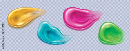 Colorful toothpaste or face and body care gel product smears and drops with bubbled on transparent background. Realistic vector illustration set of beauty cosmetic lotion and makeup moisture swatch.