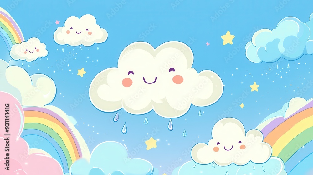 A cheerful illustration of clouds, rainbows, and stars in a bright blue sky. A cheerful illustration of clouds, rainbows, and stars in a bright blue sky.