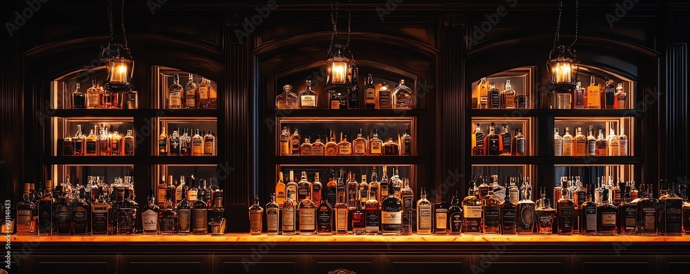 Whiskey, rum, and vodka bottles with intricate labels, elegant bar with dim lighting, spirits branding, luxury and detail Whiskey, rum, and vodka bottles with intricate labels, elegant bar with dim lighting, spirits branding, luxury and detail
