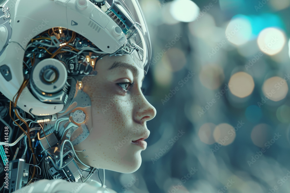 Futuristic cybernetic human: A close-up image of a humanoid figure with advanced robotic and cybernetic enhancements, blending human features with intricate mechanical components. This image represent Futuristic cybernetic human: A close-up image of a humanoid figure with advanced robotic and cybernetic enhancements, blending human features with intricate mechanical components. This image represent