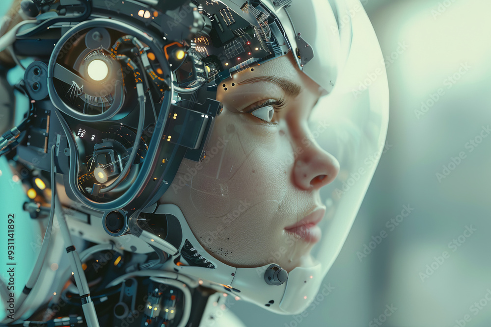 Futuristic cybernetic human: A close-up image of a humanoid figure with advanced robotic and cybernetic enhancements, blending human features with intricate mechanical components. This image represent Futuristic cybernetic human: A close-up image of a humanoid figure with advanced robotic and cybernetic enhancements, blending human features with intricate mechanical components. This image represent