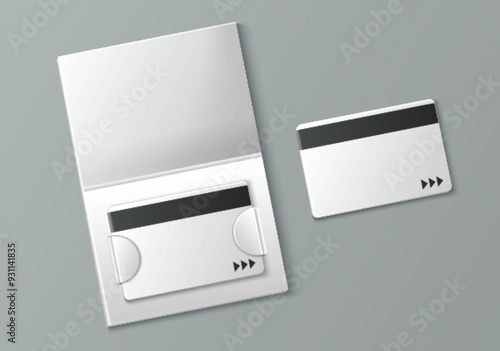 Key card with cover mockup. Realistic vector illustration of hotel and office room or apartment white empty plastic keycard template with magnetic strip and paper coverage. Safety entry technology.