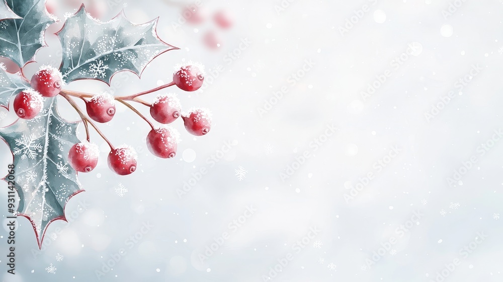 Delicate holly branch adorned with vibrant red berries against a soft, snowy backdrop, perfect for winter and holiday themes. Delicate holly branch adorned with vibrant red berries against a soft, snowy backdrop, perfect for winter and holiday themes.