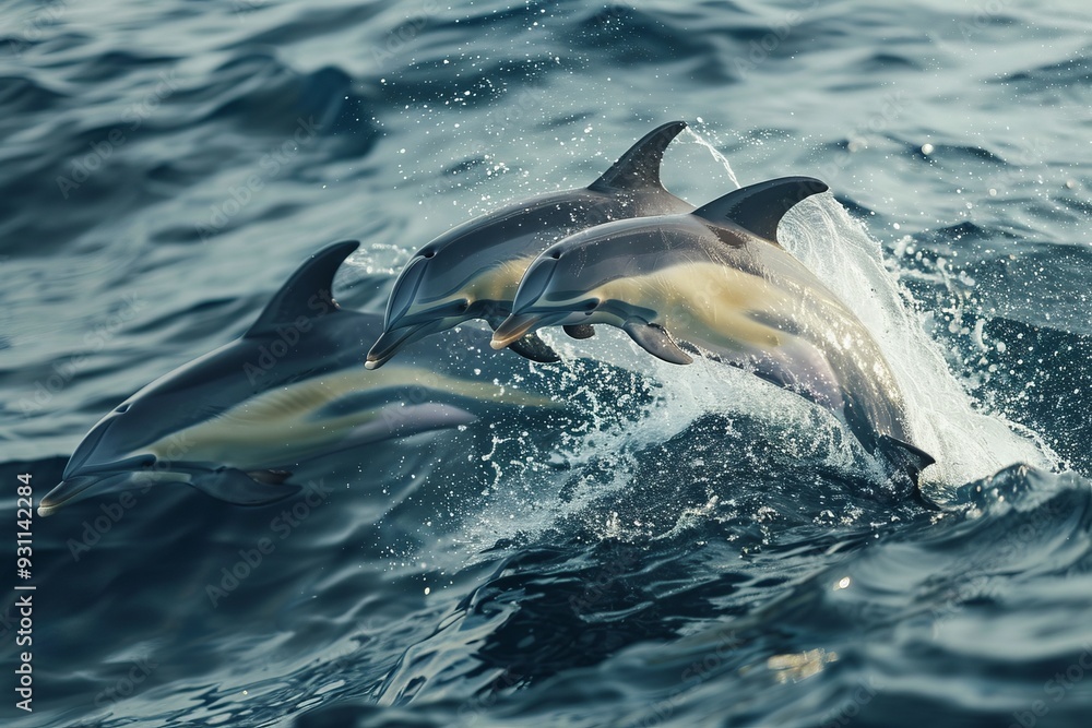Naklejka premium A pod of dolphins jumping out of the ocean, splashing water, clear blue sea, dynamic and lively 