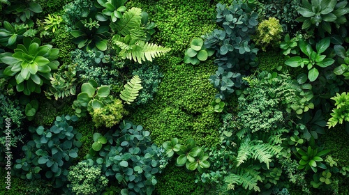 Lush Green Wall with Assorted Plants and Ferns