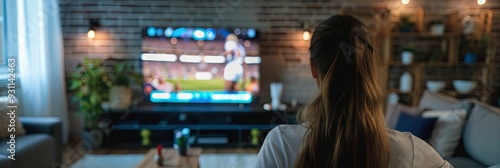 woman watching split screen multiview sports on living room flat screen TV,  photo