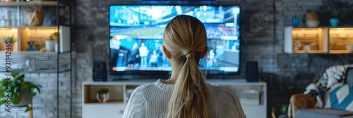 woman watching split screen multiview sports on living room flat screen TV,  photo