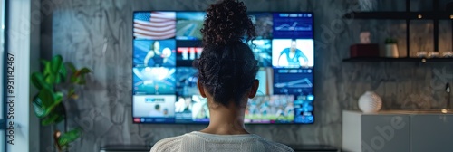 woman watching split screen multiview sports on living room flat screen TV,  photo