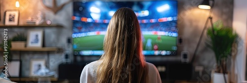 woman watching split screen multiview sports on living room flat screen TV,  photo