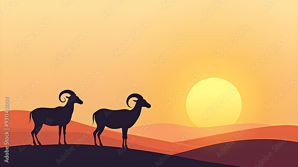 Fototapeta premium Minimalist Islamic design with ram and sunset Abstract Eid al-Adha ram illustration Modern Kurban Bayram greeting card