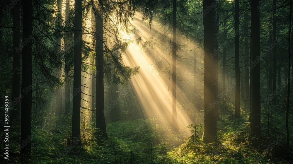 Fototapeta premium Sunbeams in a Foggy Forest