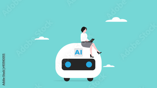 artificial intelligence and the future of work, work using AI artificial intelligence businesswoman sitting on multitasking artificial intelligence robot to help his work, AI in work management