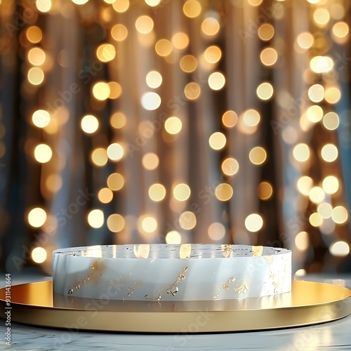 White product display podium with golden blurred bokeh lights. 3D product presentation backdrop.