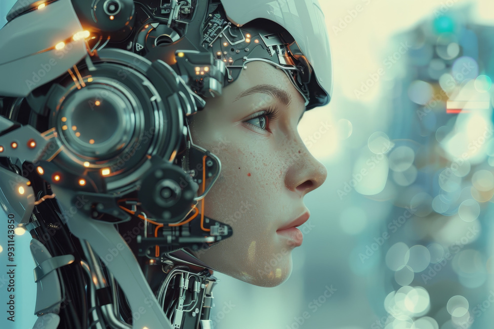 Futuristic cybernetic human: A close-up image of a humanoid figure with advanced robotic and cybernetic enhancements, blending human features with intricate mechanical components. This image represent Futuristic cybernetic human: A close-up image of a humanoid figure with advanced robotic and cybernetic enhancements, blending human features with intricate mechanical components. This image represent