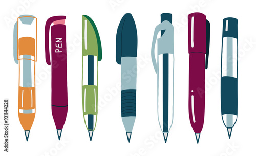 Back to school, collecting pens. Hand drawn vector illustration isolated on white background. 
