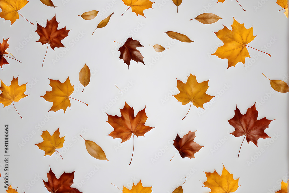 Different autumn leaves falling on beige grey background
Different autumn leaves falling on beige grey background