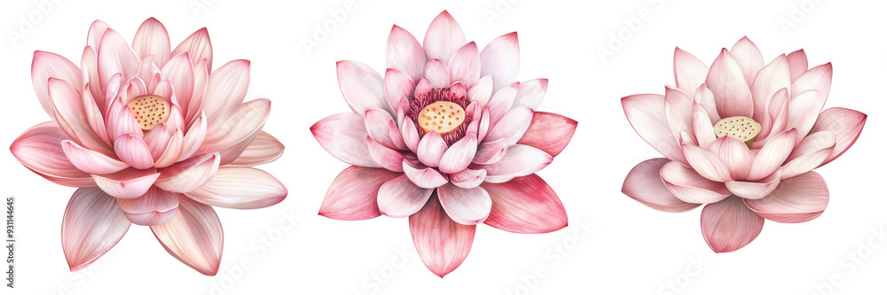 Three beautiful pink lotus flowers in full bloom, showcasing delicate petals and vibrant colors, perfect for nature-themed designs. Three beautiful pink lotus flowers in full bloom, showcasing delicate petals and vibrant colors, perfect for nature-themed designs.